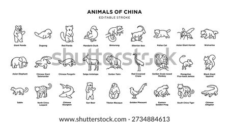 A collection of line drawings depicting various animals native to China, including pandas, elephants, and more. Editable Stroke
