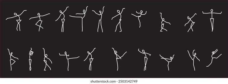 Eine Kollektion von Linienzeichnungen mit Balletttänzern als Streichholzfiguren, die in verschiedenen eleganten und dynamischen Posen aufgenommen wurden. Diese minimalistischen Designs zeigen Anmut und Fließfähigkeit.  Art der Tafel.