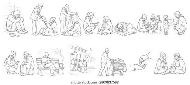 A collection of line drawings showing various scenarios of people helping those experiencing homelessness with food, shelter, and conversation