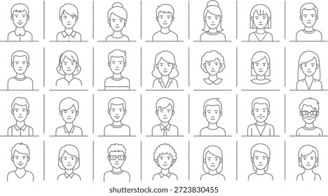 A collection of line drawings shows various men and women with different hairstyles and clothing styles. Each drawing is meant to represent diverse individuals in a simple way.