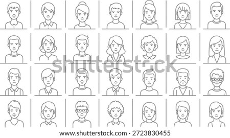 A collection of line drawings shows various men and women with different hairstyles and clothing styles. Each drawing is meant to represent diverse individuals in a simple way.