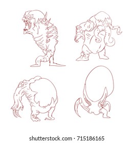 Collection of line drawn vector illustrations of alien mutant monsters