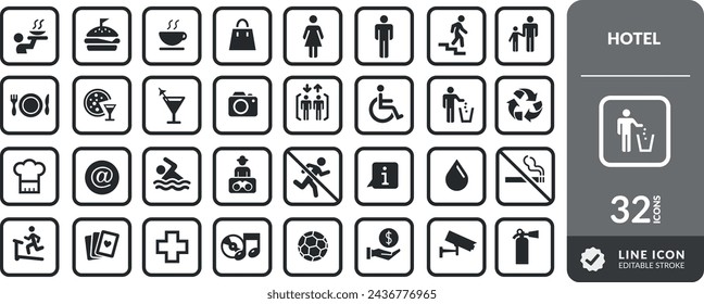 COLLECTION OF LINE EDITABLE HOTEL VECTOR ICONS. KIT WITH SQUARE PLATES FOR RESTAURANTS, BATHROOMS, WET AREAS, FIRE AREAS, LEISURE AREAS, SECURITY, SPORTS, FAMILY AREAS AND OTHERS