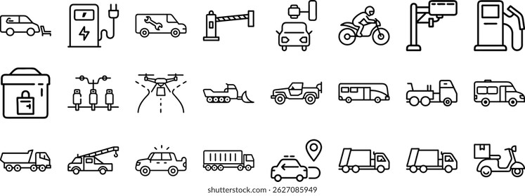 Collection of line editable icons representing transportation vehicles and related services