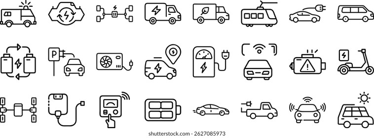Collection of line editable icons representing electric vehicles charging stations and renewable energy