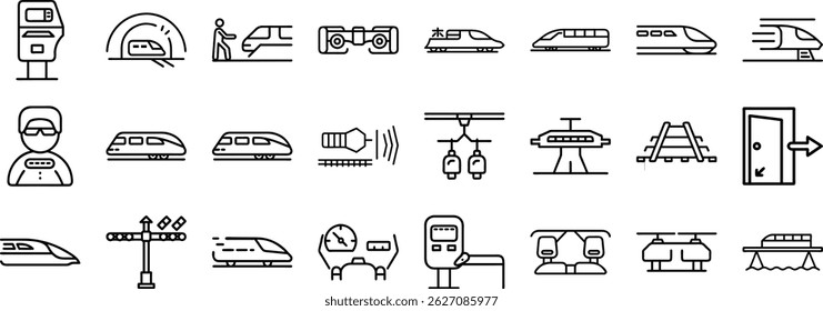 Collection of line editable icons representing train transportation elements and related infrastructure designs