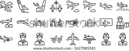 Collection of line editable icons set related to airplane travel and various airline services