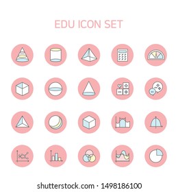 A collection of line education icons, such as shapes, graphs, and tools associated with math training.