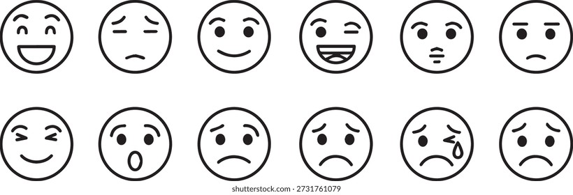 Collection of Line Emoji Faces Expressing Various Emotions black