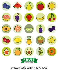 Collection of line fill fruit icons in green circles on white background