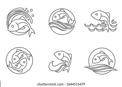 collection of line fish icon with waves isolated on white background