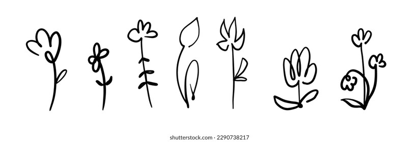 collection of line flowers with leaves and branches. minimalistic Hand drawn line wedding arrangements, invitation save the date card. Botanical boho greenery eps