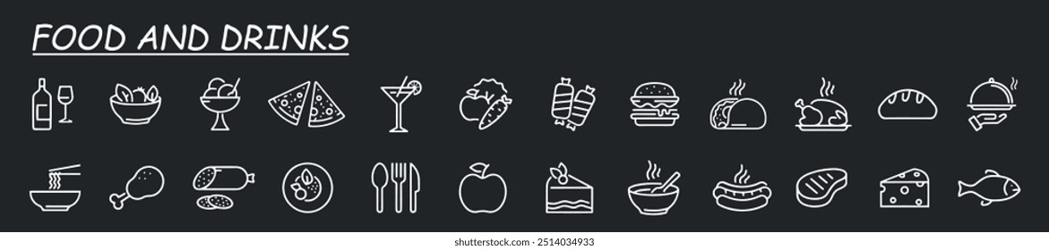 Collection of line food and drinks icons. Contains such Icons as Fruit Basket, Noddles, Healthy Smoothies and more.