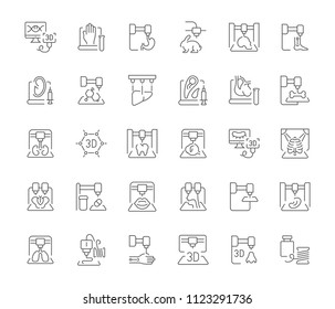 Collection of line gray icons of 3d bioprinting. Set of vector simple concepts for creative projects and apps. Info graphics elements and pictograms.