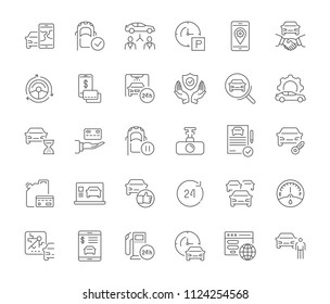 Collection of line gray icons of carsharing. Set of vector simple concepts for creative projects and apps. Info graphics elements and pictograms.