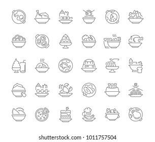 Collection of line gray icons of dishes. Set of vector simple concepts for creative projects and apps. Info graphics elements and pictograms.