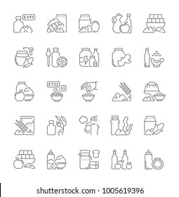 Collection of line gray icons of food additives. Set of vector simple concepts for creative projects and apps. Info graphics elements and pictograms.