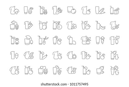 Collection of line gray icons of juices. Set of vector simple concepts for creative projects and apps. Info graphics elements and pictograms.