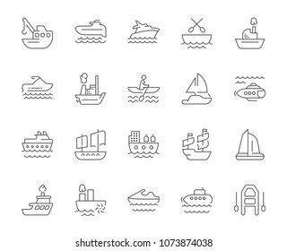 Collection of line gray icons of maritime transport. Set of vector simple concepts for creative projects and apps. Info graphics elements and pictograms.