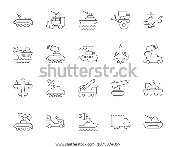 Collection of line gray icons of military\
transport. Set of vector simple concepts for creative projects and\
apps. Info graphics elements and\
pictograms.