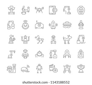 Collection of line gray icons of robots. Set of vector simple concepts for creative projects and apps.