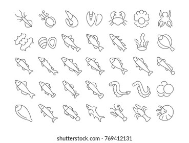 Collection of line gray icons of seafood. Set of vector simple concepts for creative projects and apps. Info graphics elements and pictograms.