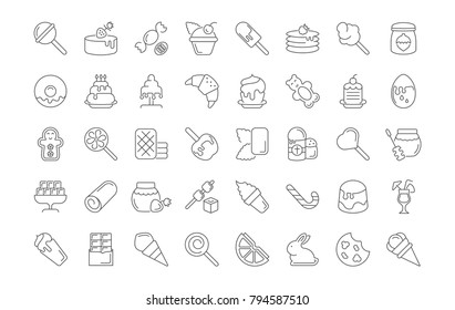 Collection of line gray icons of sweets. Set of vector simple concepts for creative projects and apps. Info graphics elements and pictograms.