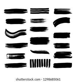 Collection of line hand drawn trace brush strokes black paint texture set vector illustration isolated on white background. Calligraphy brushes high detail abstract elements.