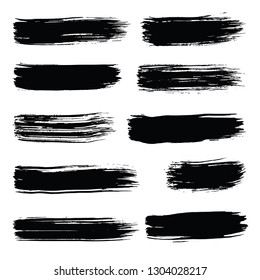 Collection of line hand drawn trace brush strokes black paint texture set vector illustration isolated on white background. Calligraphy brushes high detail abstract elements.