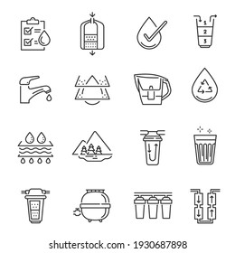Collection of line icon water filtration vector illustration. Set of monochrome contour treatment process chemical research sample liquid drinking beverage for healthy nutrition isolated on white