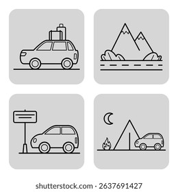 Collection of line icons with activities related to road trips and camping, including car with luggage, mountains, campsite, and car parked near tent with fire at night