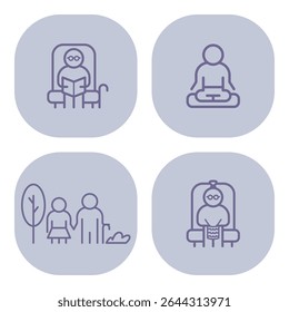 Collection of line icons with activities for seniors, like reading, meditating, and outdoor family time. Wellness and engagement concept
