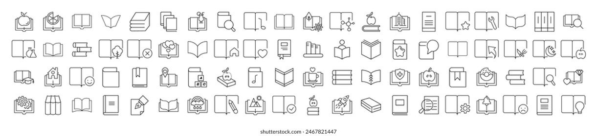 Colección de Iconos de Línea de Libro para Anuncios. Adecuado para libros, tiendas, tiendas. Trazo editable en estilo de contorno minimalista. Símbolo de diseño 