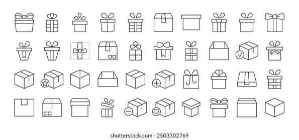 Collection of Line Icons of boxes and giftboxes as holiday and delivery symbols for Adverts. Suitable for books, stores, shops. Editable stroke in minimalistic outline style. Symbol for design