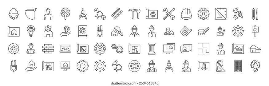Collection of Line Icons of builder, engineer, repair and renovation for Adverts. Suitable for books, stores, shops. Editable stroke in minimalistic outline style. Symbol for design 