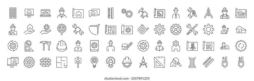 Colección de Line Icons de constructor, ingeniero, reparación y renovación. Adecuado para libros, tiendas, tiendas. Trazo editable en estilo de contorno minimalista. Símbolo para el diseño