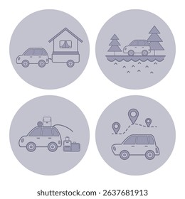 Collection of line icons of cars with trailers, showcasing camping and travel activities in natural settings with trees and water. Perfect for outdoor enthusiasts and travel planners