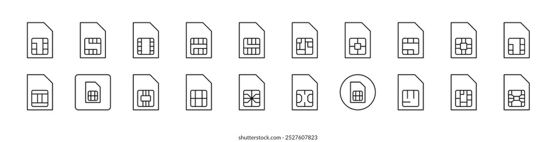 Kollektion von Liniensymbolen des Chips. Bearbeitbarer Strich. Minimalistisches lineares Piktogramm für das Design von Karten, Apps, Bannern, Posts