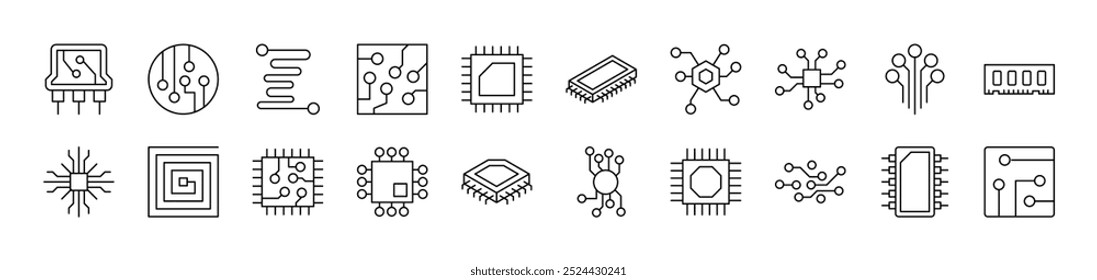 Coleção de ícones de linha de Chip e esquema. Traço editável. Pictograma Linear Minimalista para Design de Cartões, Aplicativos, Banners, Posts