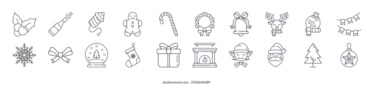 Colección de iconos de línea de Navidades y año Nuevo. Adecuado para libros, tiendas, tiendas. Trazo editable en estilo de contorno minimalista. Símbolo para el diseño 