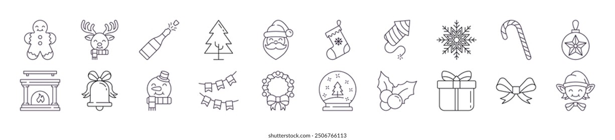 Collection of Line Icons of Christmas and New Year for Adverts. Suitable for books, stores, shops. Editable stroke in minimalistic outline style. Symbol for design