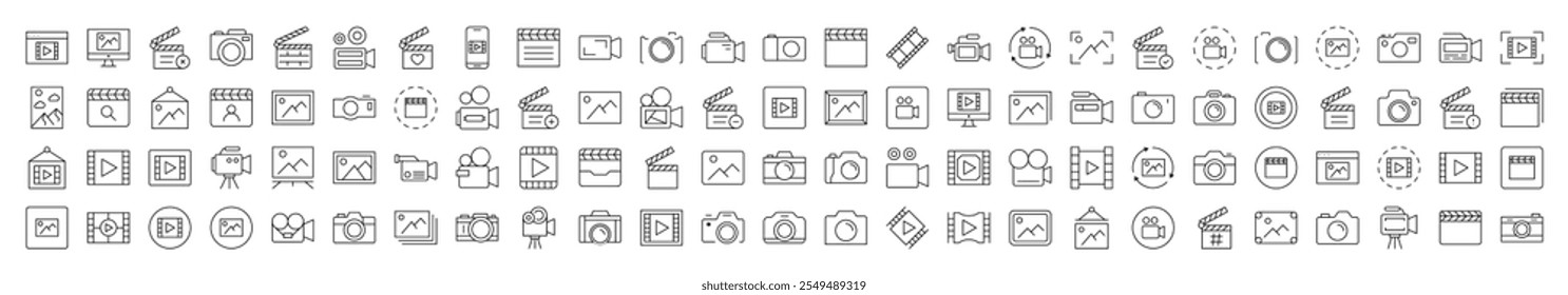 Coleção de Linha Ícones de Clapperboard, Câmera fotográfica, Filme, Imagem. Traço editável. Pictograma Linear Minimalista para Design de Cartões, Aplicativos, Banners, Posts