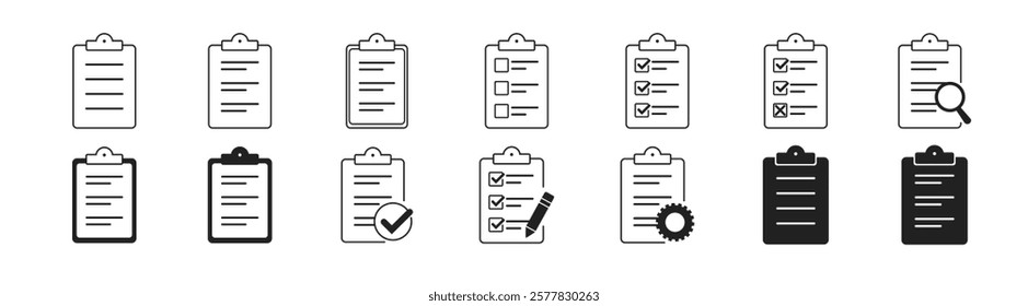 Collection of line icons with clipboard. Checklist with gear, checkmarks, magnifier and pencil. Editable stroke. Vector