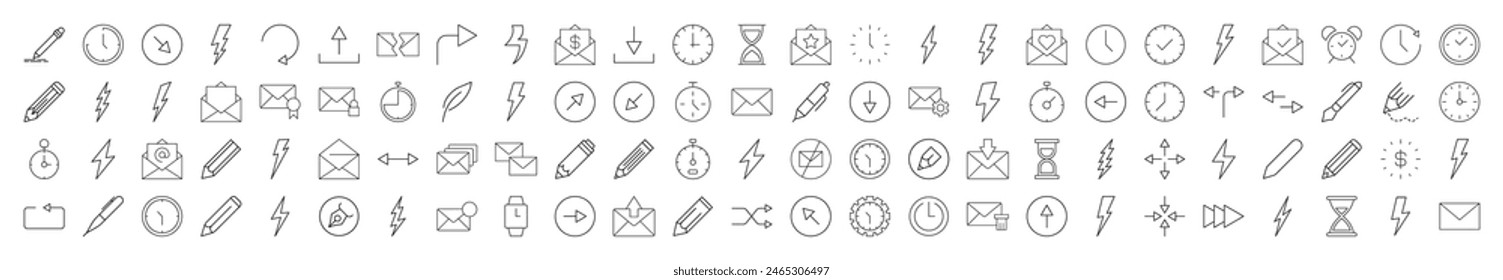 Colección de Línea Iconos de relojes, alumbrado, flechas, sobres, bolígrafos para Anuncios. Adecuado para libros, tiendas, tiendas. Trazo editable en estilo de contorno minimalista. Símbolo de diseño 
