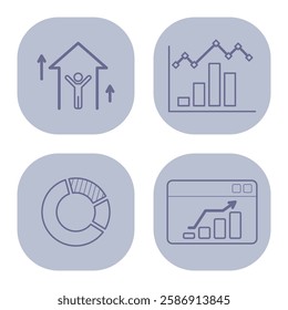 Collection of line icons depicting business growth concepts. Person reaching for house, bar graphs, and pie charts, perfect for presentations