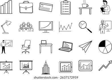 A collection of line icons depicting business concepts growth charts, presentations, office supplies, teamwork, and analysis tools. Simple, black white style.
