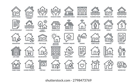 a collection of line icons depicting different house types and real estate concepts