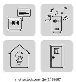 Collection of line icons depicting digital communication such messaging and music, along with smart home features including lighting and door access control