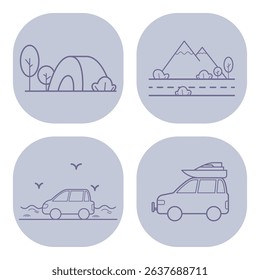 Collection of line icons depicting outdoor activities including camping, mountain scenery, road travel, and vehicle with boat. Adventure concept