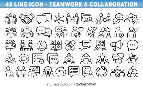 Coleção de ícones de linha que descrevem o trabalho em equipe e os conceitos de colaboração, incluindo comunicação, reuniões, ferramentas de trabalho em equipe e reuniões de ideias.